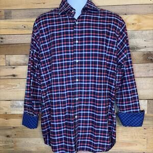 Thomas Dean Shirt Men’s L Cotton Plaid Flip Cuff Preppy Casual Trendy Button Up